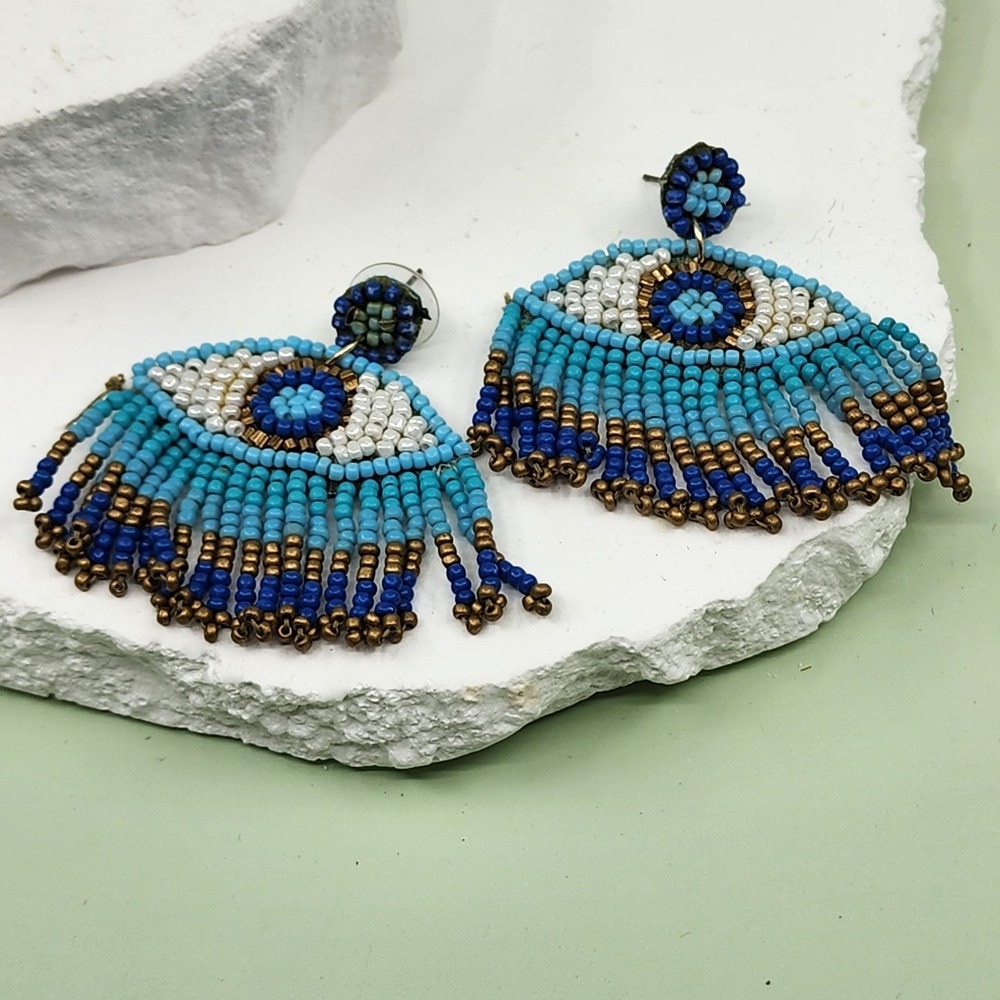 Blue White Seed Bead Evil Eye Fringe Earrings Boho Statement Dangle Gold Tone